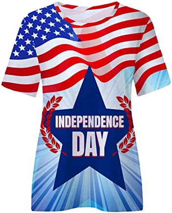 חולצות 4 ביולי לנשים צוות קיץ צוואר שרוול קצר חולצות טריקו דגל אמריקאי