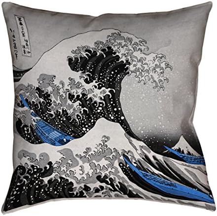 Artverse Katsushika Hokusai הגל הגדול עם מבטאים כחולים x הדפסים דו צדדיים של פוליאסטר כרית עם רוכסן מוסתר,