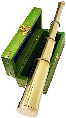 טלסקופ פליז ימי עם קופסת עץ קשה ירוקה בסגנון וינטג 'סגנון כף יד רטרו Spyglass