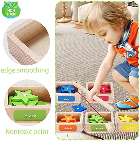 Hottuohong Montessori צעצוע כוס מיון מעץ ומשחק דיג 2 ב -1 צבעים מגנטיים צורות מיון צעצועים פעוטות תואמים