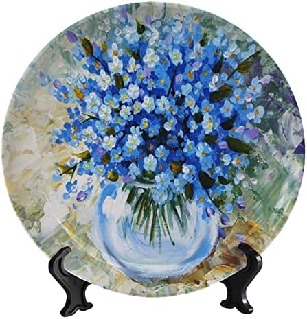 צלחת דקורטיבית קרמיקה פרחונית כחולה, שוכח לי-לא-פרחים ציור שמן שמן צלחת דקורטיבית עגולה, עם צלחת חרסינה אמנותית,