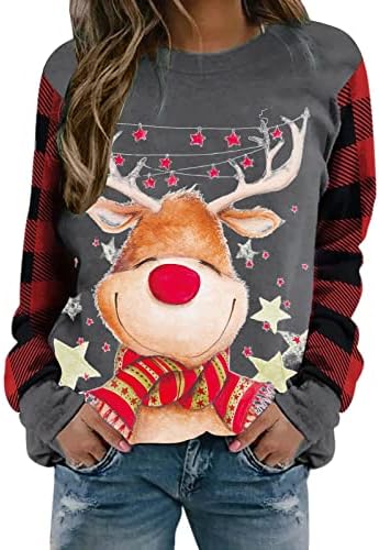 Xiloccer מיטב חולצות חג המולד החמודות לנשים לנשים חג המולד משובץ משובץ שרוול סווטשירט דפוס סווטשירט