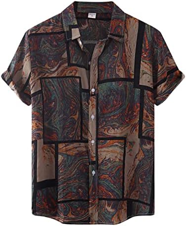 חולצות פשתן כותנה לגברים של Beuu שרוול קצר כפתור גיאומטרי בקיץ במורד חולצה הוואי