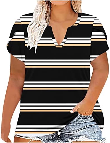 צמרות בגודל פלוס לנשים 2023 חולצת טי פסים מודפסת קיץ v צוואר חולצת חולצה בלוק בלוק שרוול קצר חולצות