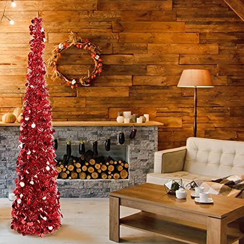 עץ חג מולד מלאכותי של 5ft, עץ טינסל חג המולד אדום מתקפל עם פאייטים ומעמד, עץ חג המולד קל להרכבה לאח