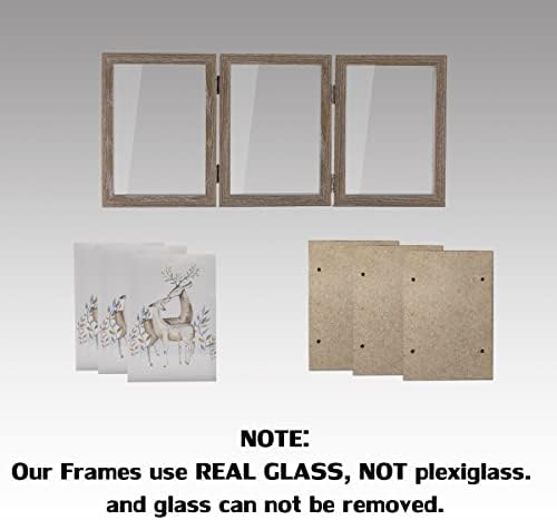 4x6 מסגרות תמונה משולשות צירים קופסת צל קופסת צל MDF אפור עץ עם זכוכית אמיתית 3 מתנה חובבת פתיחה אנכית
