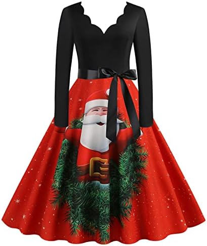 נשים חג המולד בציר 1950 רטרו ארוך שרוול הדפסת ערב מסיבת נשף נדנדה שמלה