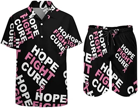 Baikutouan Hope Fight Cure Cure's 2 חלקים חולצה הוואי חליפות חליפות כפתור רופף מזדמן למטה ומכנסיים