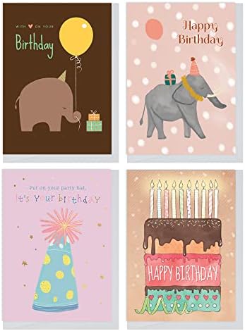 כרטיסים צפוניים - 8 כרטיסים קופסאות קופסאות של כרטיסי יום הולדת לילדים - גרסה 1 - פינגווין, חתול, פיל, עוגה, כוכב