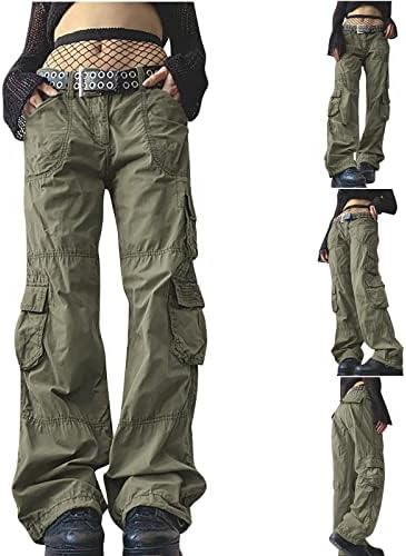 מכנסי Y2K רחבים רופפים נשים מותניים נמוכות מכנסי מטען רחבים וינטג 'צבע אחיד מרובים מכנסיים מכנסיים