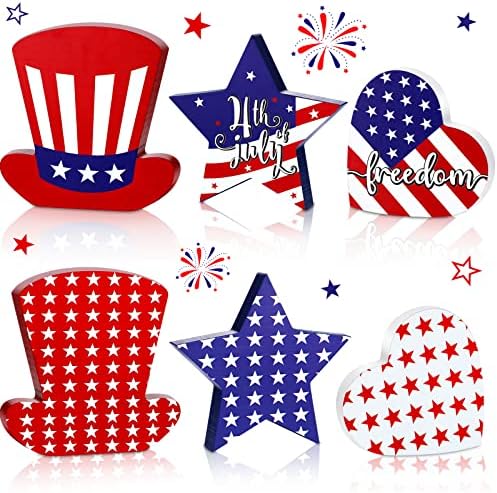 צ ' ונפול 3 חתיכות 4 ביולי דקור יום העצמאות אמריקאי עץ שולחן סימנים פטריוטי עץ כוכב דגל לב כובע דקור בודד כפול