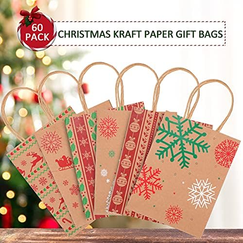 60 חתיכות חג המולד מתנת שקיות, 9 אינץ חג המולד קראפט נייר שקיות חג מתנת שקיות בתפזורת עם 6 עיצובים