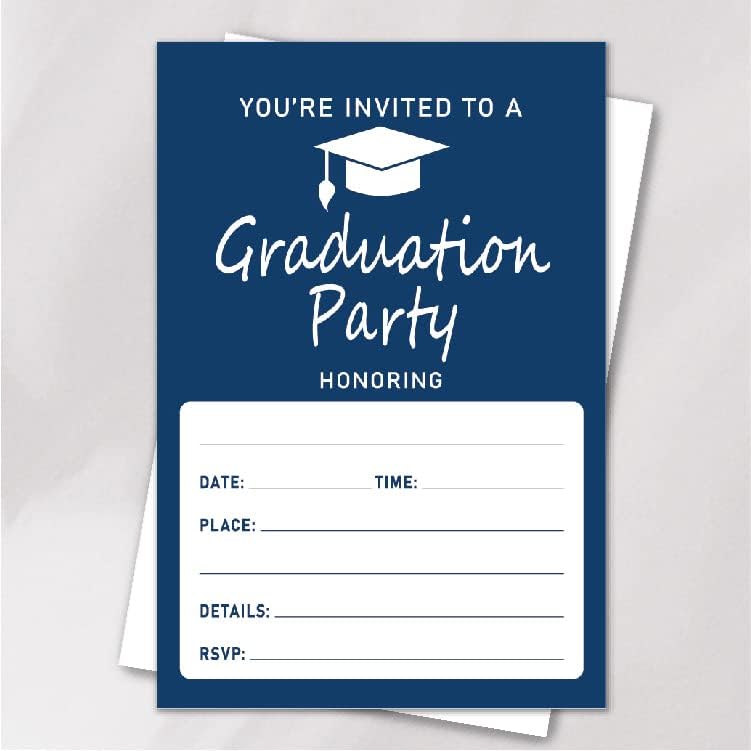 מסיבת סיום סיום VNWEK הזמנות כחול לבן הזמנות עם מעטפות, כובע סיום כפול דו צדדי מודפס הזמנה למסיבה הזמנה לתיכון