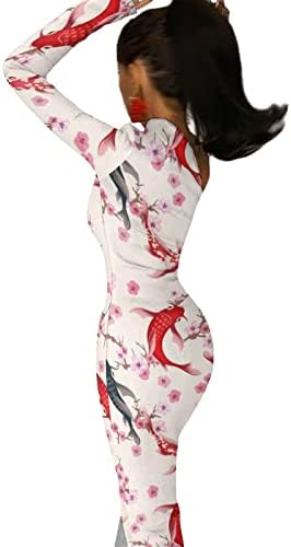 יפני קוי דגי פריחת דובדבן נשים של כתף אחת ארוך שרוול פיצול שמלת מקסי המפלגה שמלת נדנדה שמלה