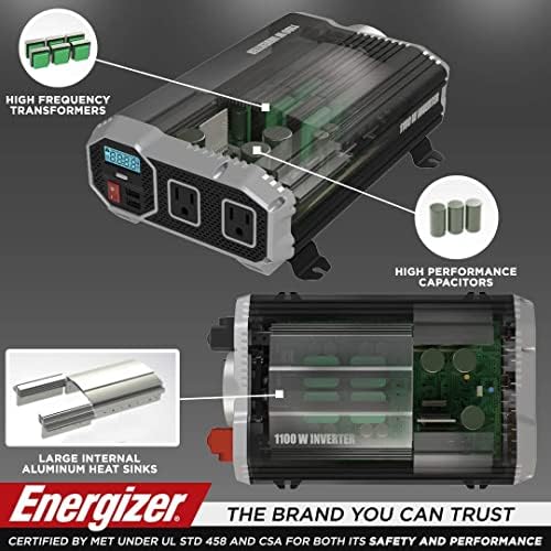 Energizer 1100 Watts מהפך כוח שונה מהפך גל סינוס, 12 וולט עד 110 וולט, שני שקעי AC, שני יציאות USB וכבלי סוללה